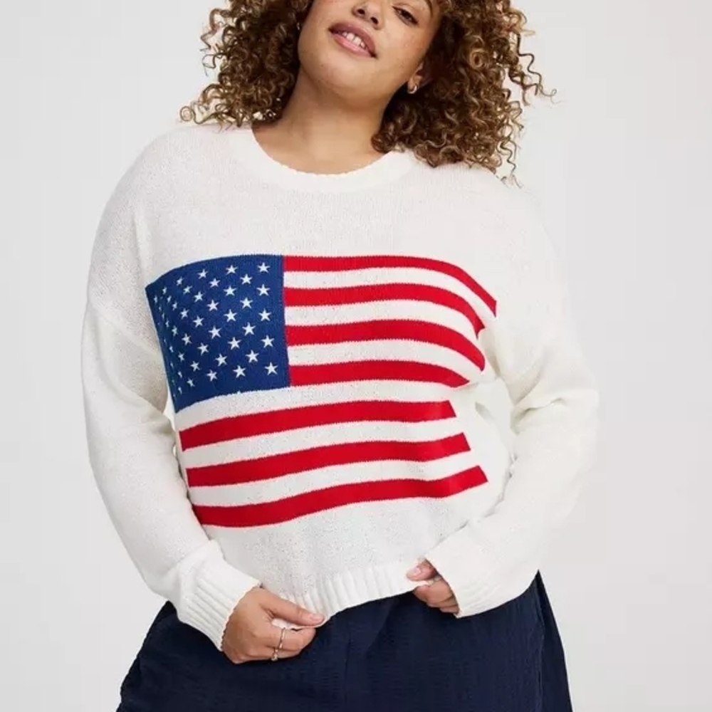 TORRID White Crewneck Sweater with Red White & Blue American Flag Graphic - Picture 8 of 15